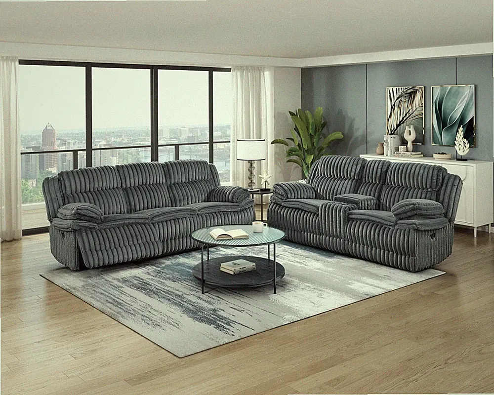 2 PC PLUSH DARK GREY RECLINING SOFA LOVESEAT LIVING ROOM FURNITURE SET