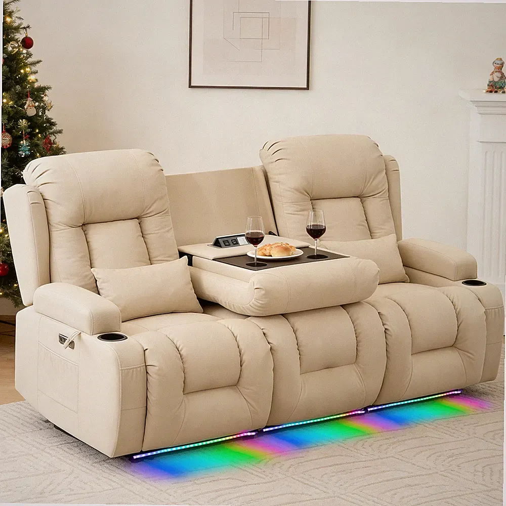 3 Seater Power Loveseat Recliner Sofa Home Theater Seating w/ LED Light USB Port