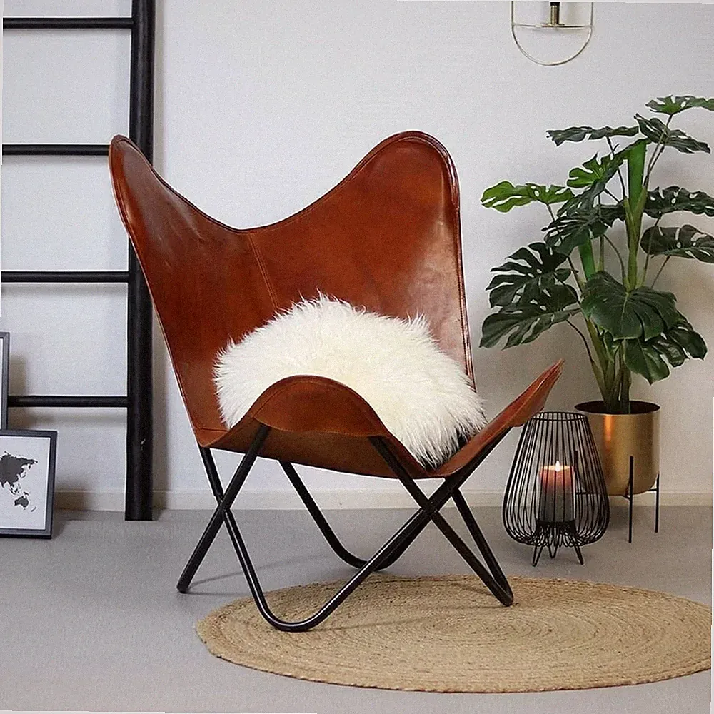 Chair Butterfly Leather Handmade Home New Lounge Genuine Relaxing with Stand