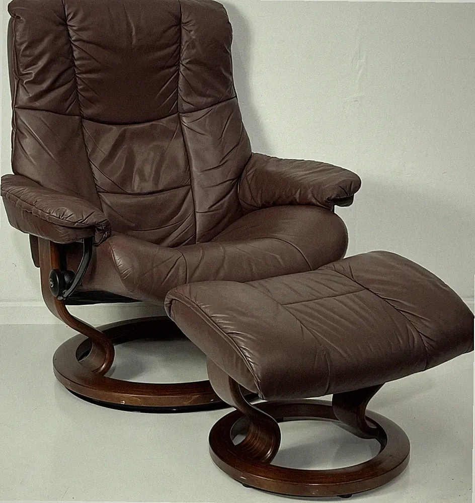 Ekornes Stressless Large MAYFAIR Brown Leather Swivel Recliner Chair & Ottoman