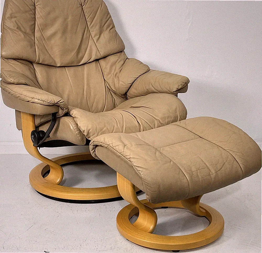 Ekornes Stressless Large RENO "Sand" Leather Swivel Recliner Chair & Ottoman