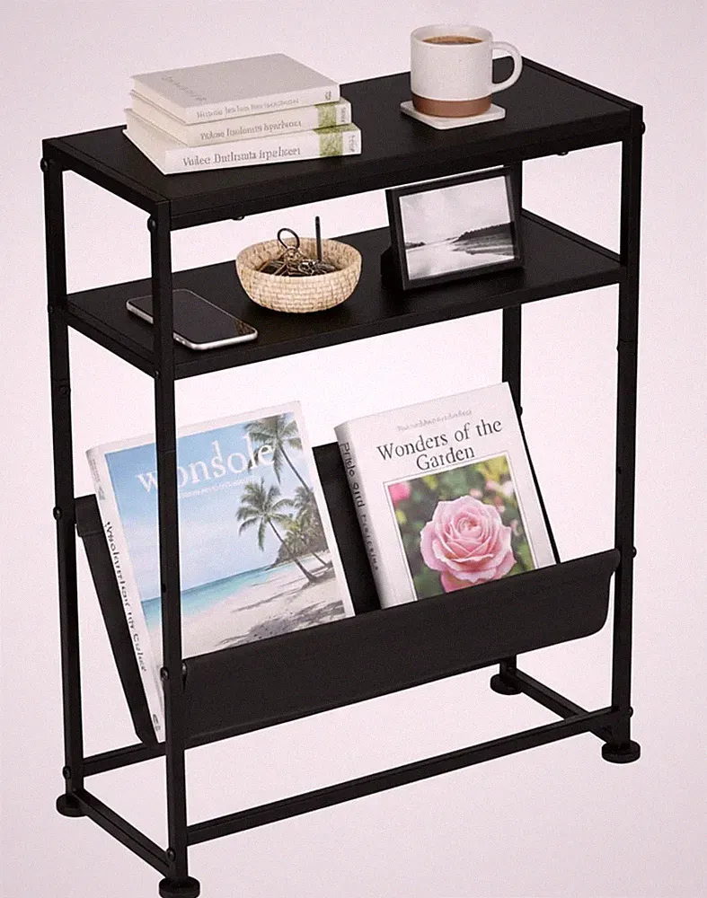Narrow End Table for Small Spaces - Slim Side Table with Magazine Holder,2 in 1