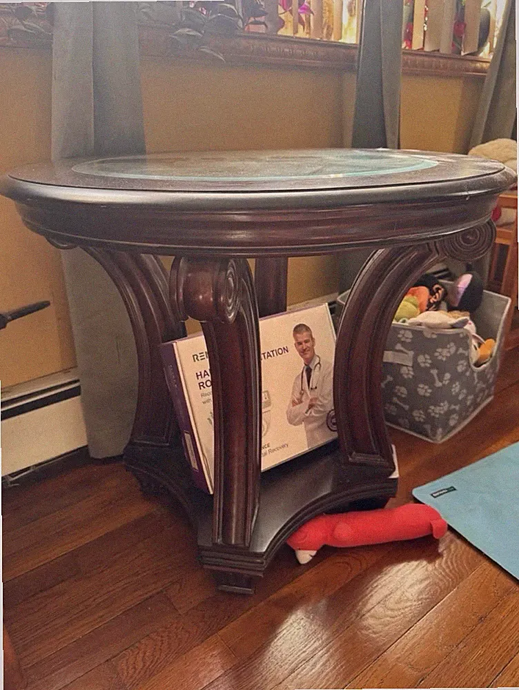 Round Glass Top Dark Wood End & Side Table 25 x 28in for Living Room