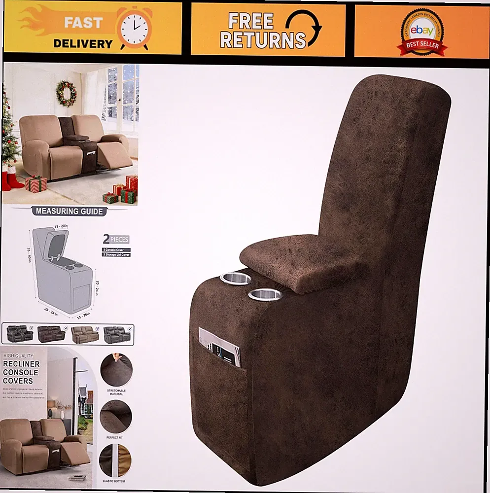 Stretch Leather Look Recliner Console Cover - Washable Furniture Protector for P