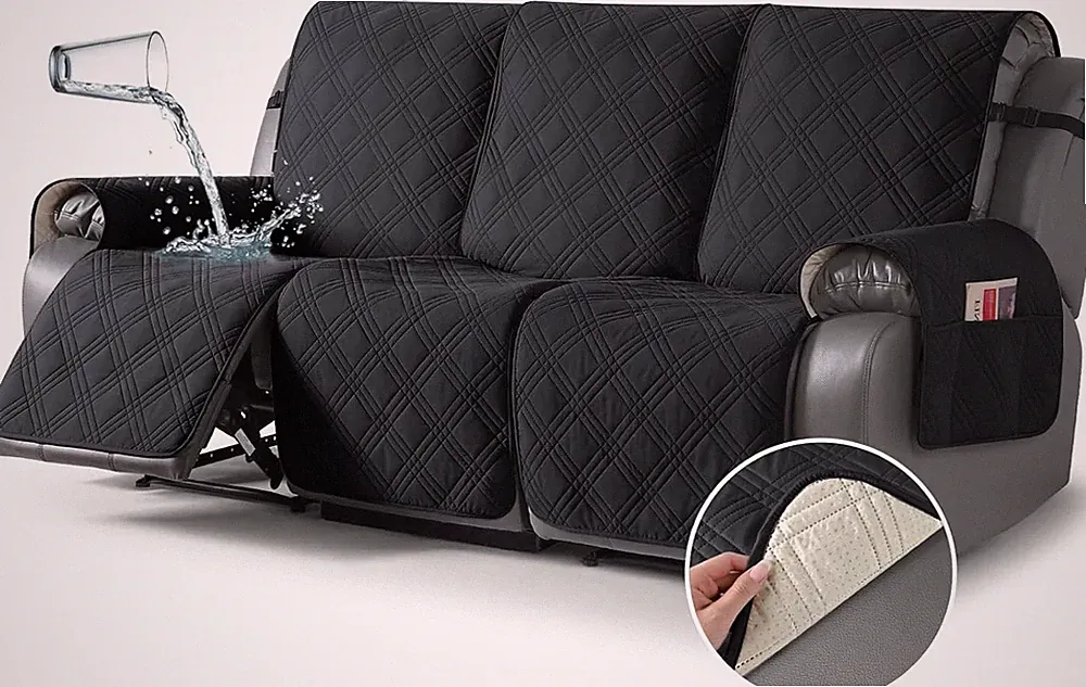 Waterproof Non-Slip Black Recliner Sofa Cover for 3-Seater, Washable
