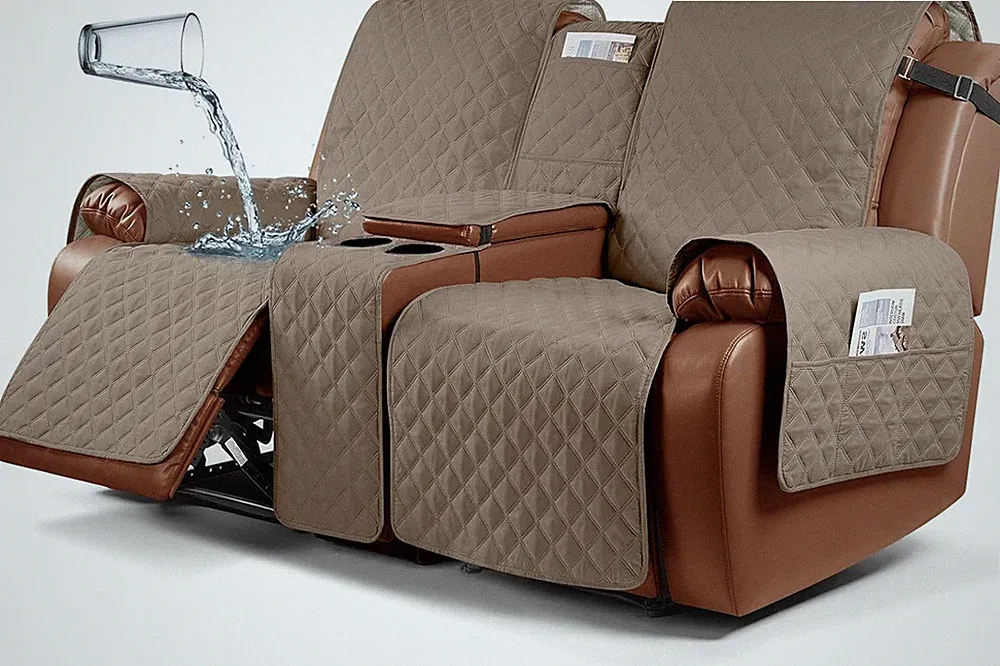 Waterproof Non-Slip Recliner Loveseat Cover with Console - Light Brown